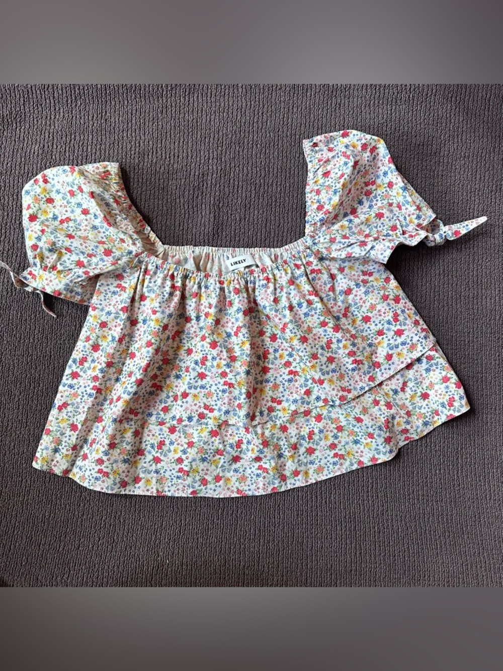 LIKELY Floral Ruffle Puff Sleeve Square Neck Blouse Multicolor XS Tiered Fairy